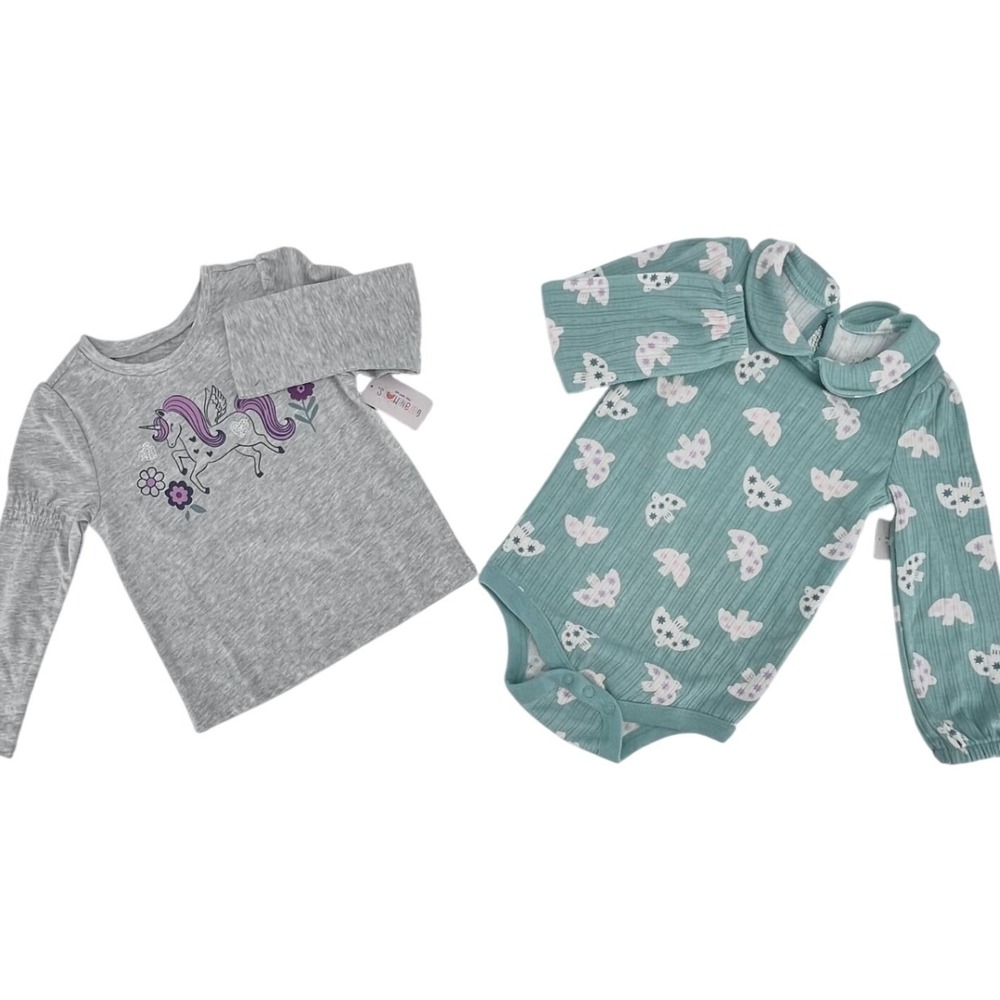 Garanimals Top Bodysuit Set‎ Girls 2T 24M Grey Green Unicorn Bird Ribbed NEW